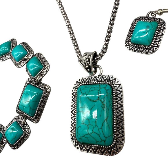 Dyed Howlite Crystal Square Pendant Chain Necklace Bracelet Earrings Set - Picture 5 of 5